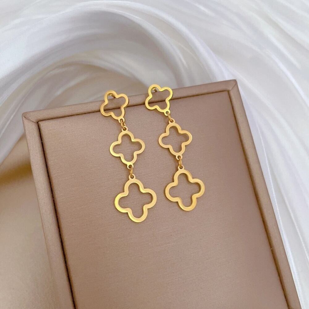 Gold Plated Four Leaf Clover Dangle Earrings